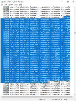 Screenshot of a portion of a GenBank format of sequence data showing the DNA, with a portion highlighted in blue representing the CDS under investigation.