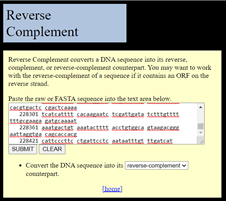 Screenshot of the web interface for Reverse Complement on-line program to covert DNA to its reverse complement. Shown is a window to paste in the sequence of interest, a button to Submit for conversion, and a button to Clear the entry.