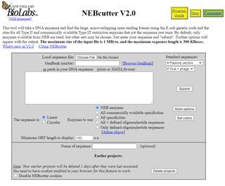 Screenshot of NEBCutter v2.0 on-line web-based interface. Input options include selecting a file, accession number, or pasting a sequence into the space provided, before submitting the sequence to identify restriction enzyme cut sites.