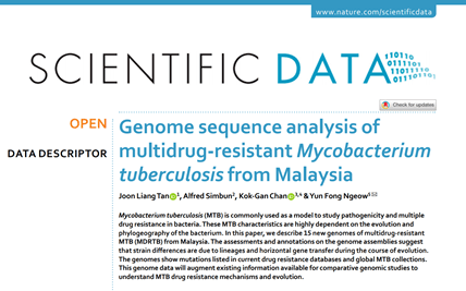 Scientific Data journal article by Joon Liang Tan, et al., 2020, 'Genome sequence analysis of multidrug-resistant Mycobacterium tuberculosis from Malaysia'. Screenshot of the title with author list and Abstract.