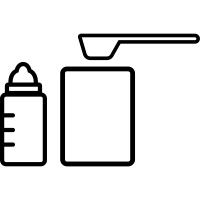 An icon drawing of a baby bottle beside a can of powdered infant formula with a scoop measure above it. Infant formula icon image by Chiara Rossi, IT.